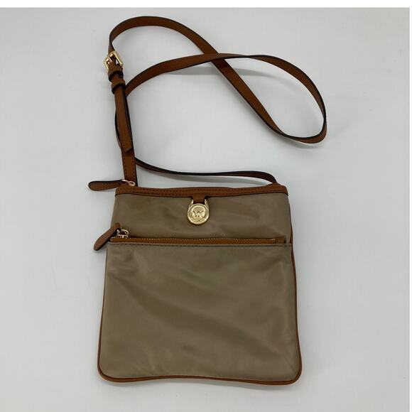 Michael Kors small tan, brown nylon and leather trim crossbody bag - Picture 1 of 7